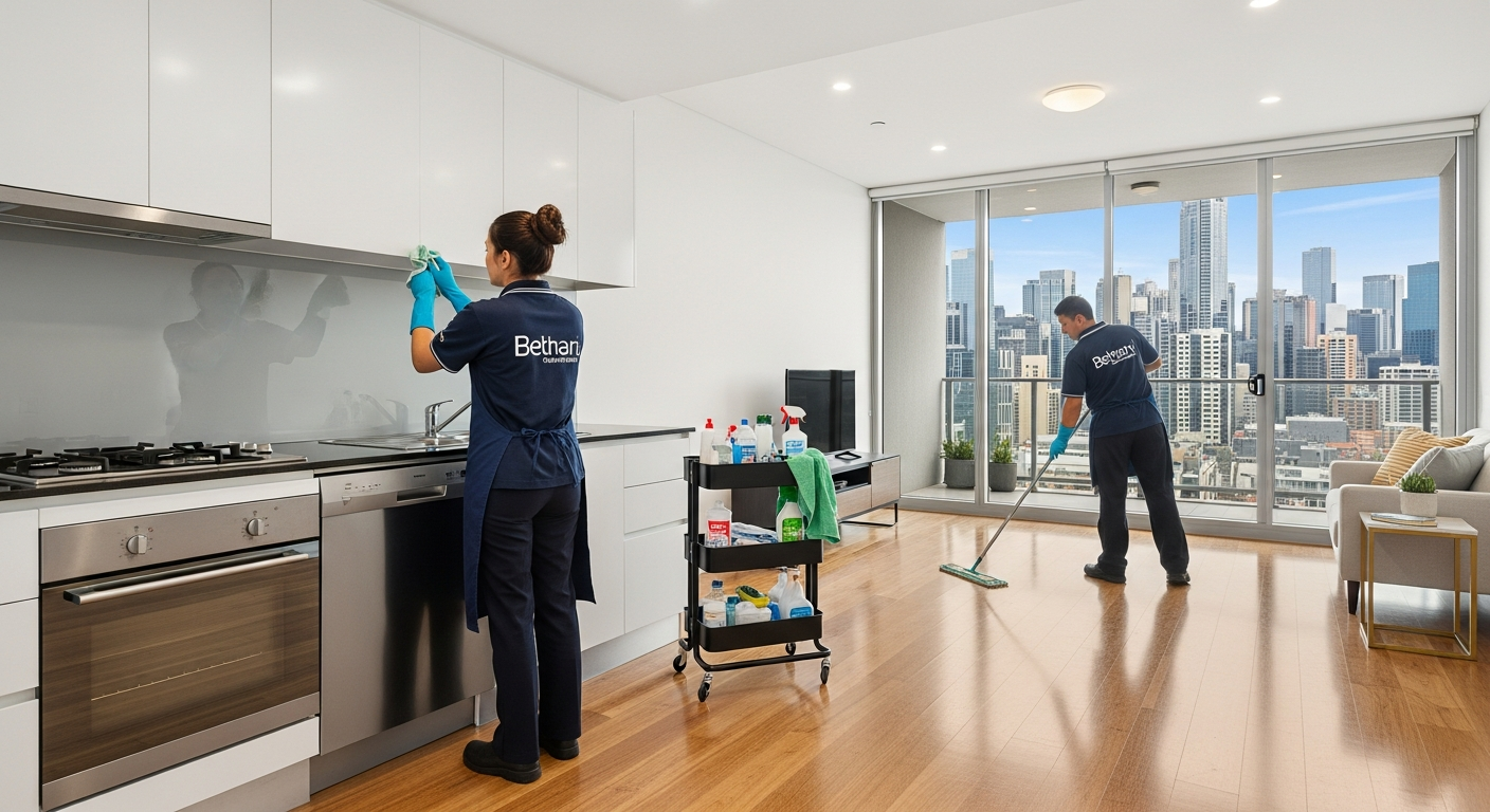 End of lease cleaning team at work in North Melbourne apartment