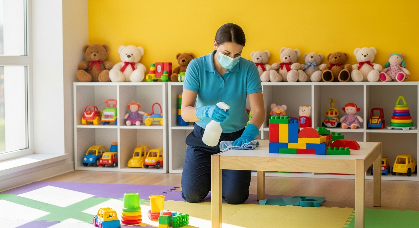Cleaner sanitising play area in childcare
