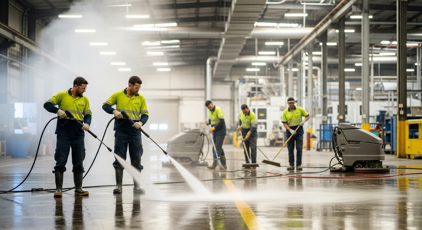 Industrial cleaners power-washing a factory floor