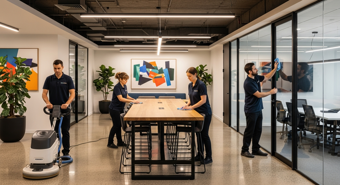 Professional commercial cleaners in office