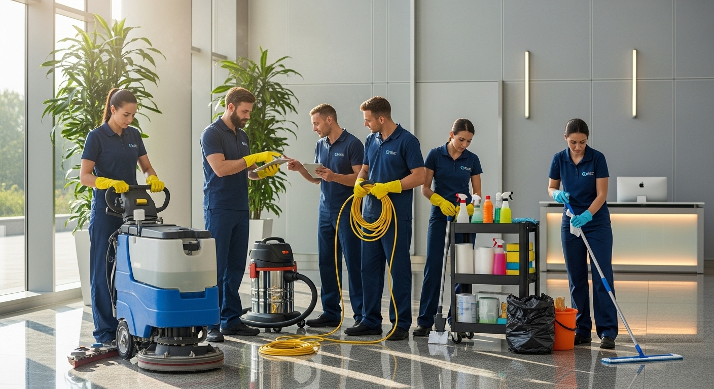 Office cleaning team preparing equipment
