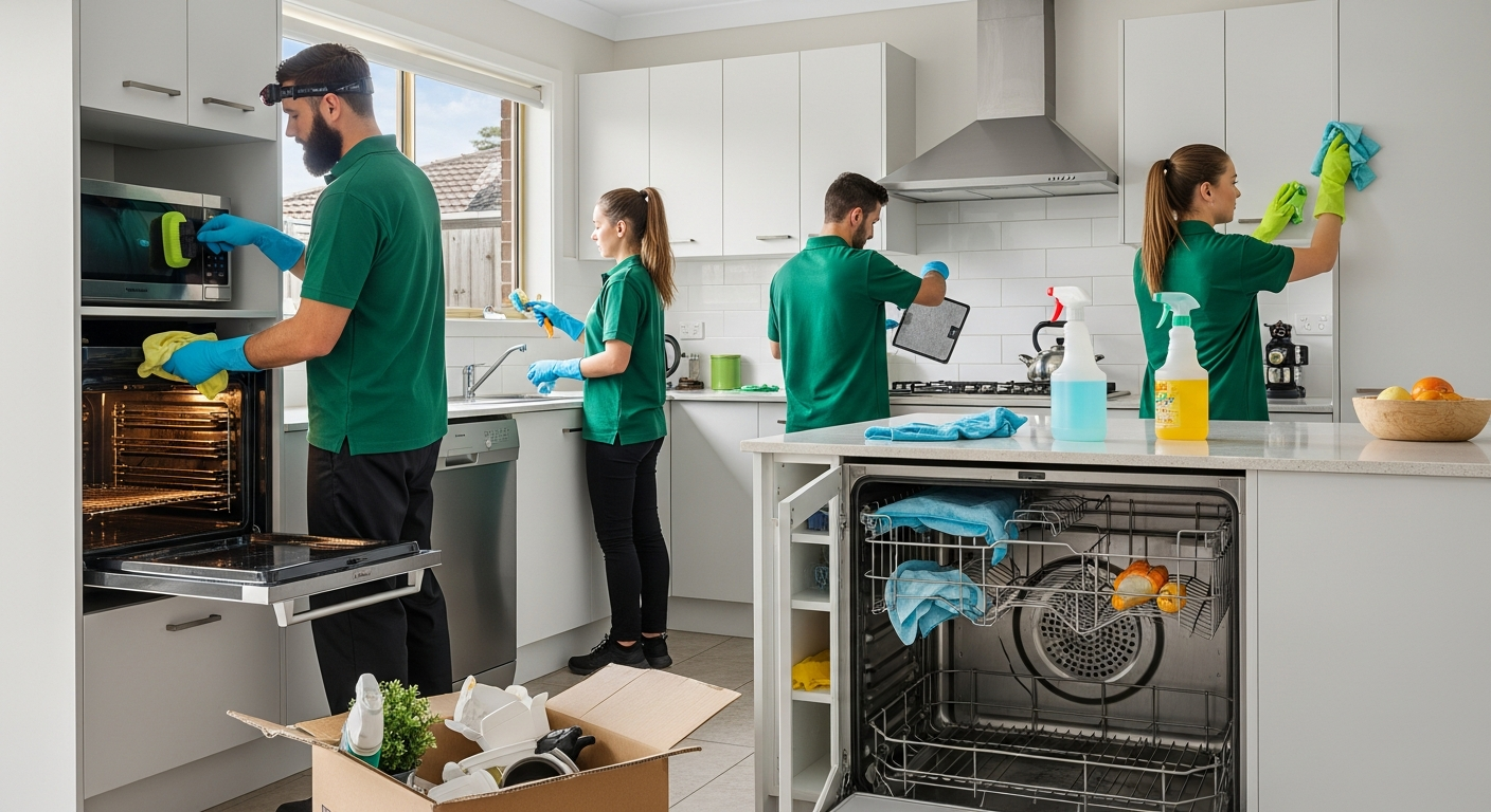 End of lease cleaning team preparing kitchen