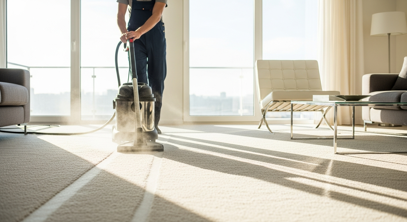 Cleaner steam cleaning carpet in living room