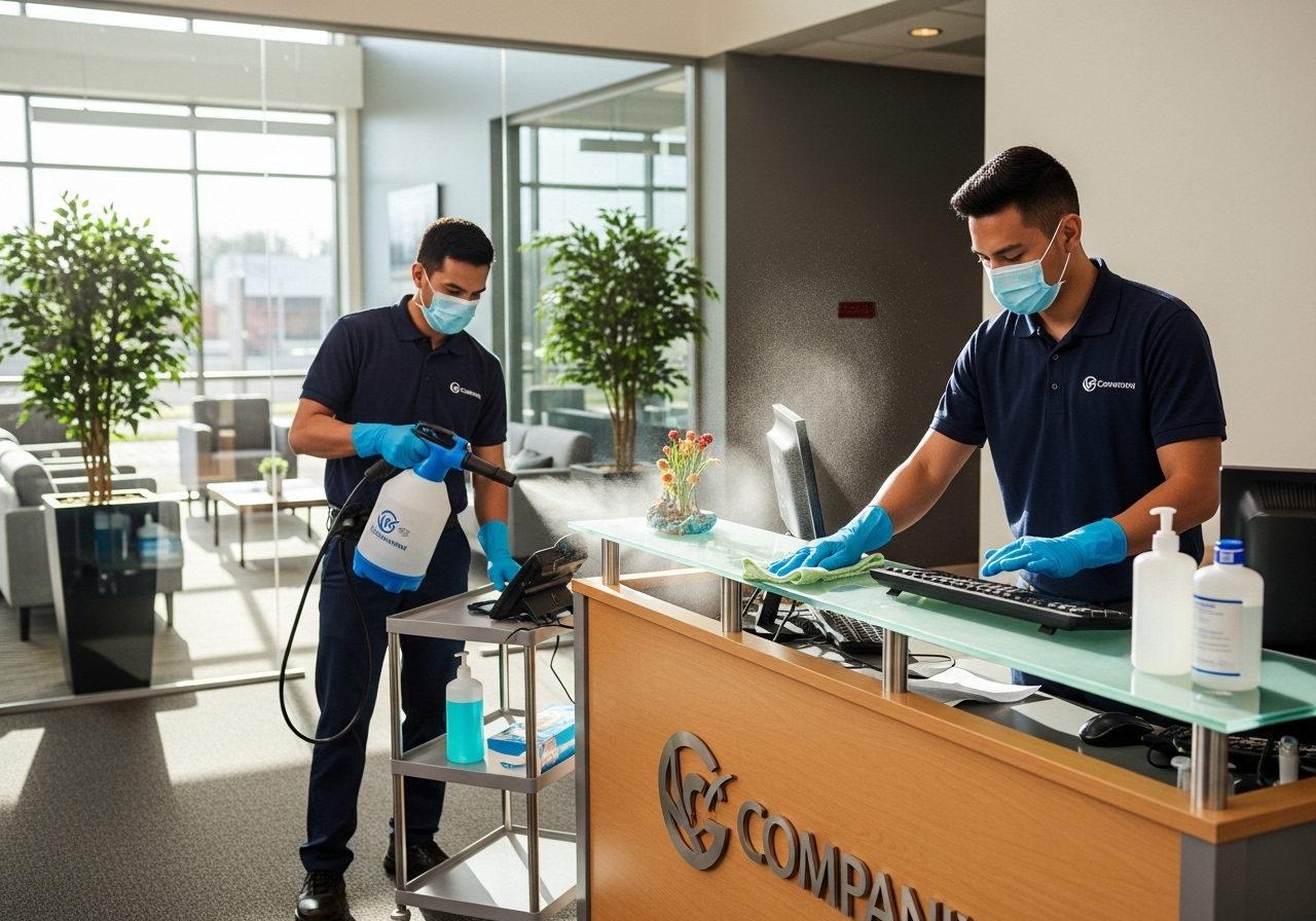 Commercial cleaners sanitising office reception