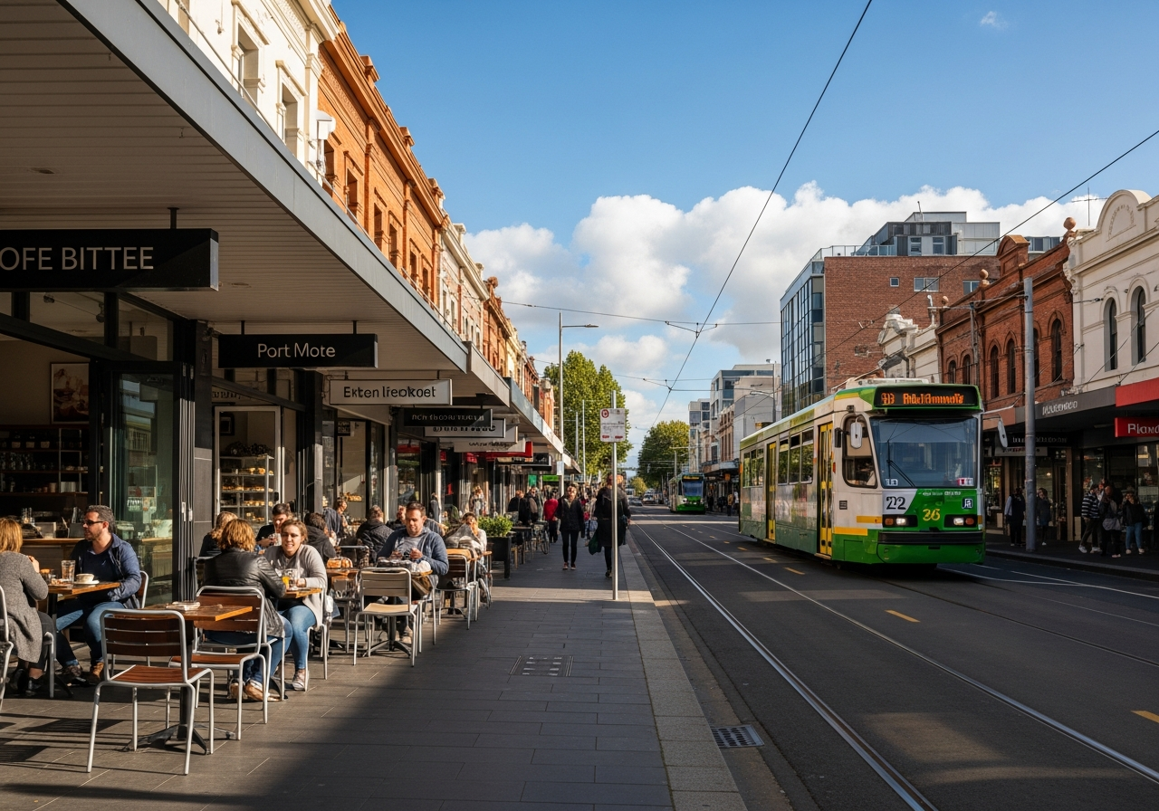 Elsternwick streetscape with cafes and trams