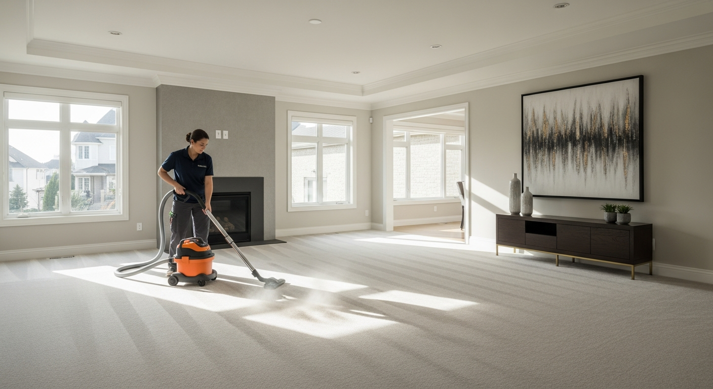 Cleaner vacuuming carpet in rental property
