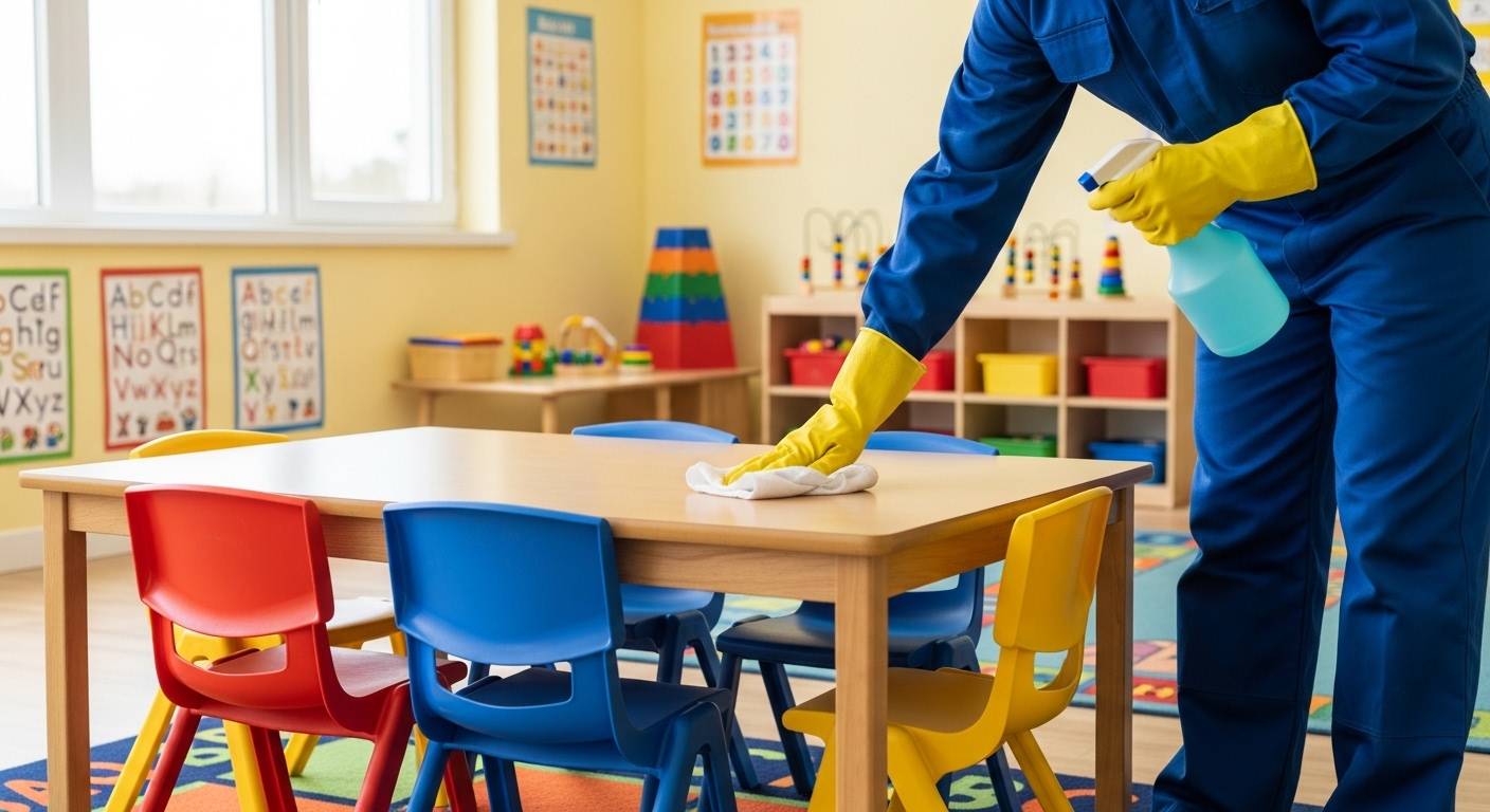 Cleaner wiping preschool table