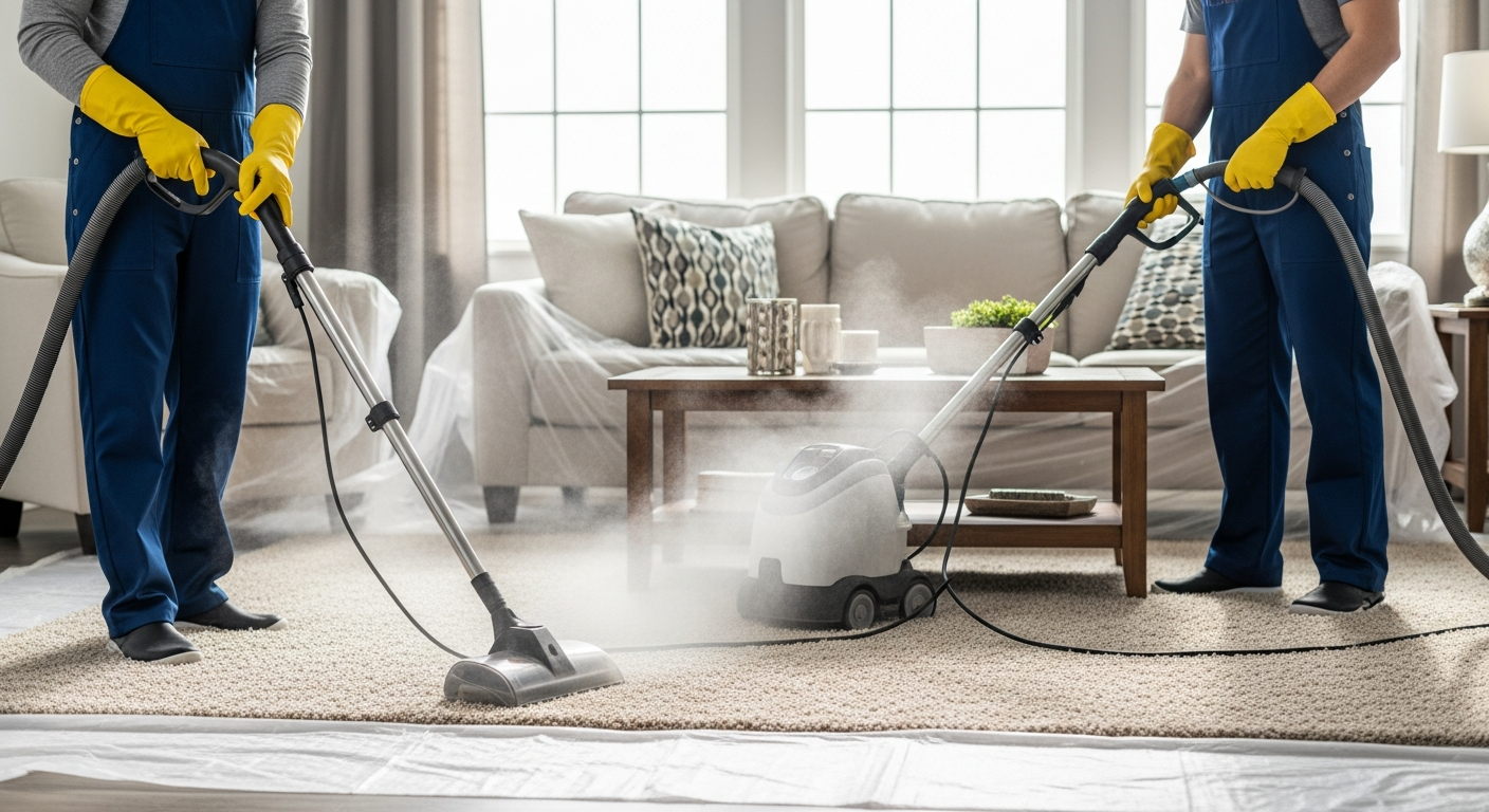 Professional cleaners steam cleaning carpet in Balwyn North home