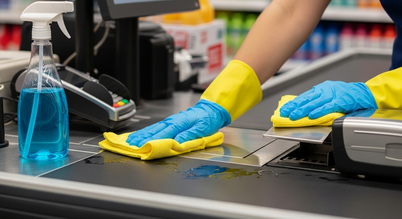 Cleaner sanitising a retail checkout area