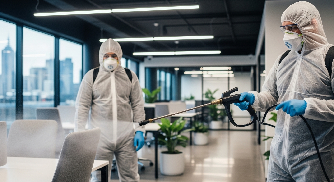 Disinfectant spray in modern Melbourne office