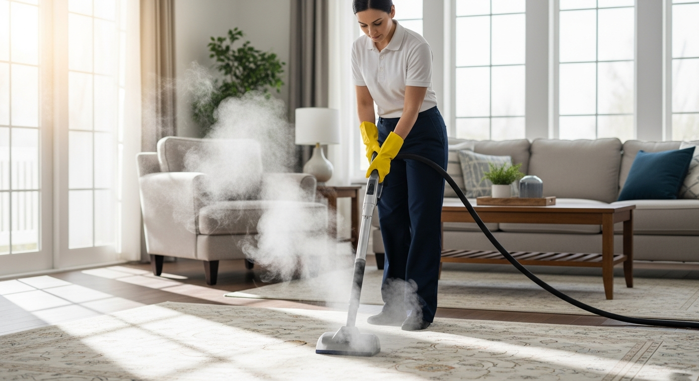 Cleaner steaming carpet in living room