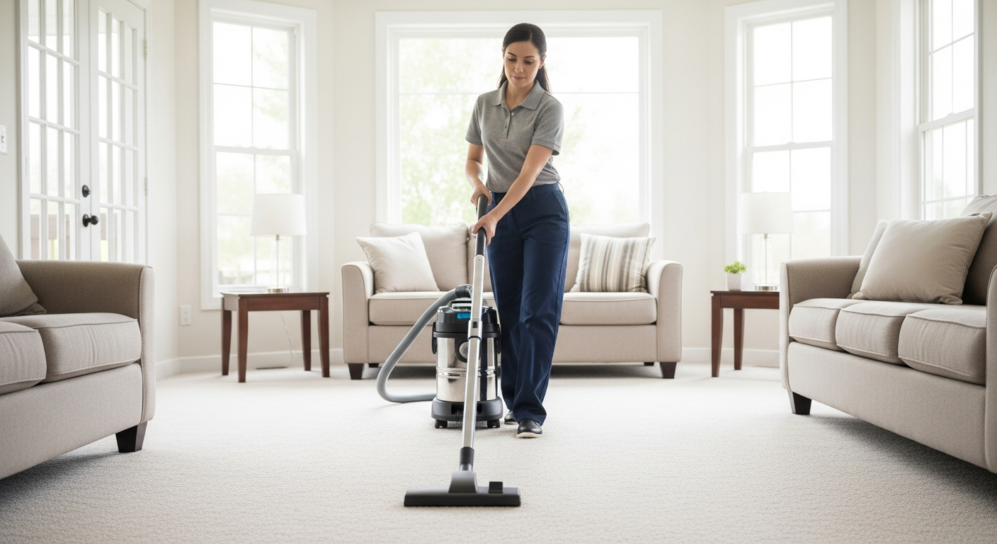 Cleaner vacuuming living room