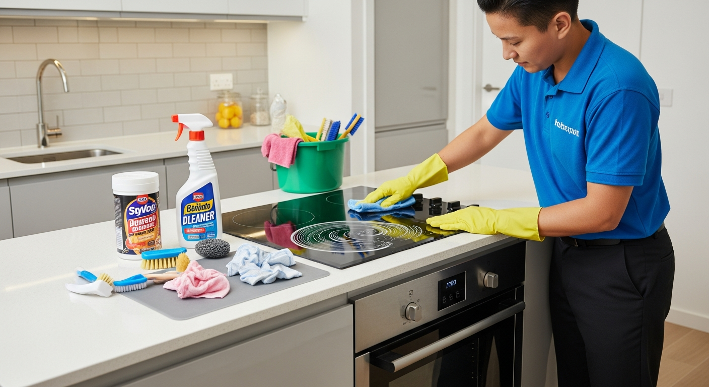 End of lease cleaner cleaning kitchen and oven