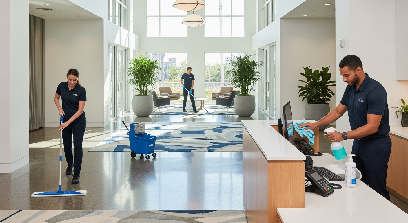 Commercial cleaners sanitising an office foyer