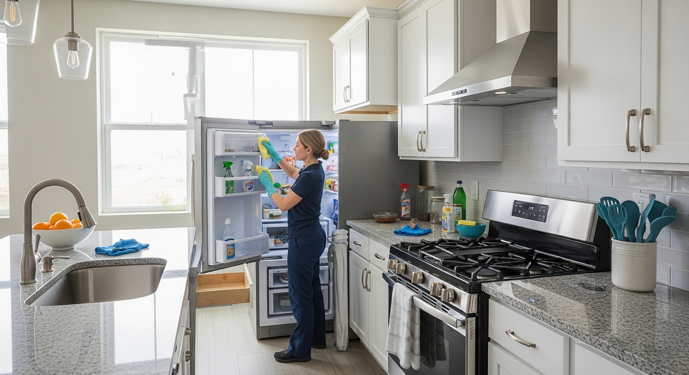 Cleaner deep cleaning a kitchen