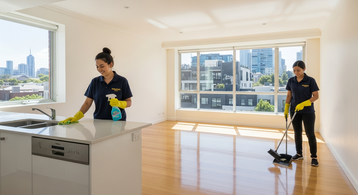 End of lease cleaning team finishing a vacate clean