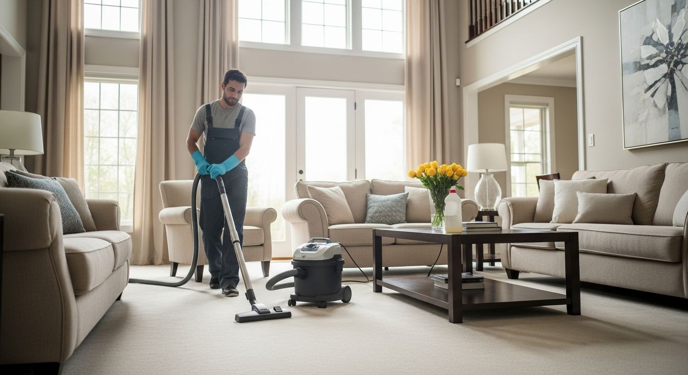 Cleaner vacuuming living room