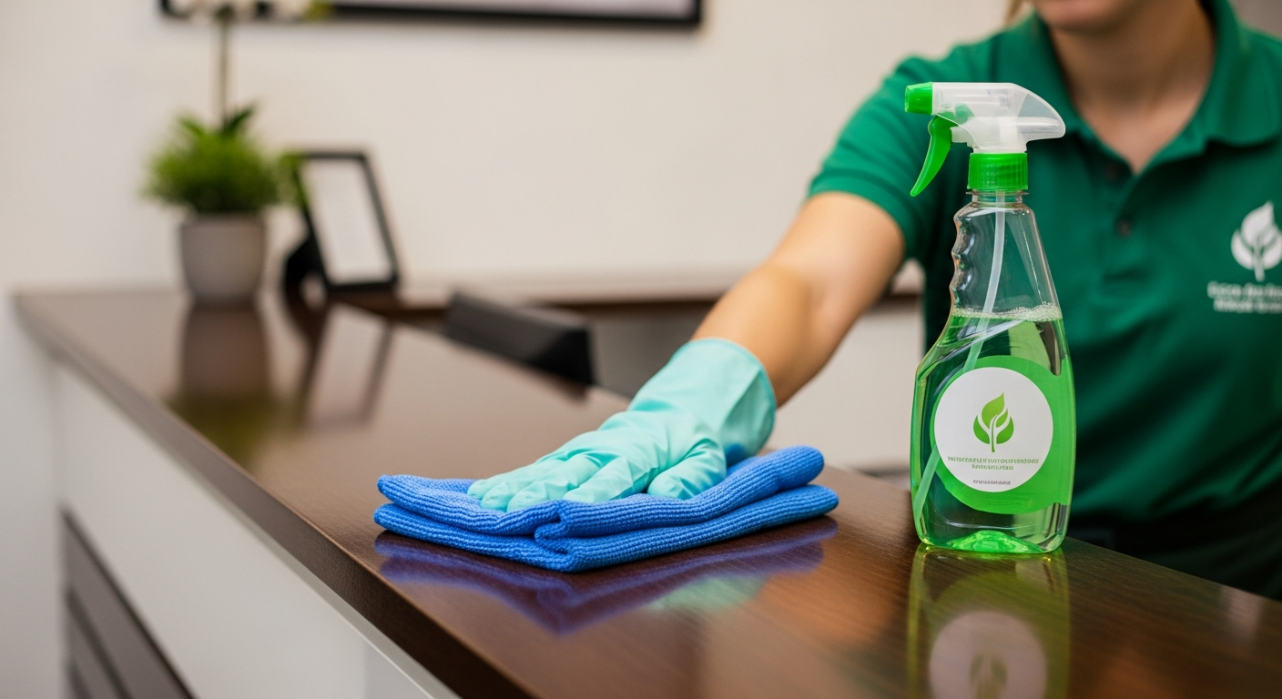 Cleaner wiping reception desk