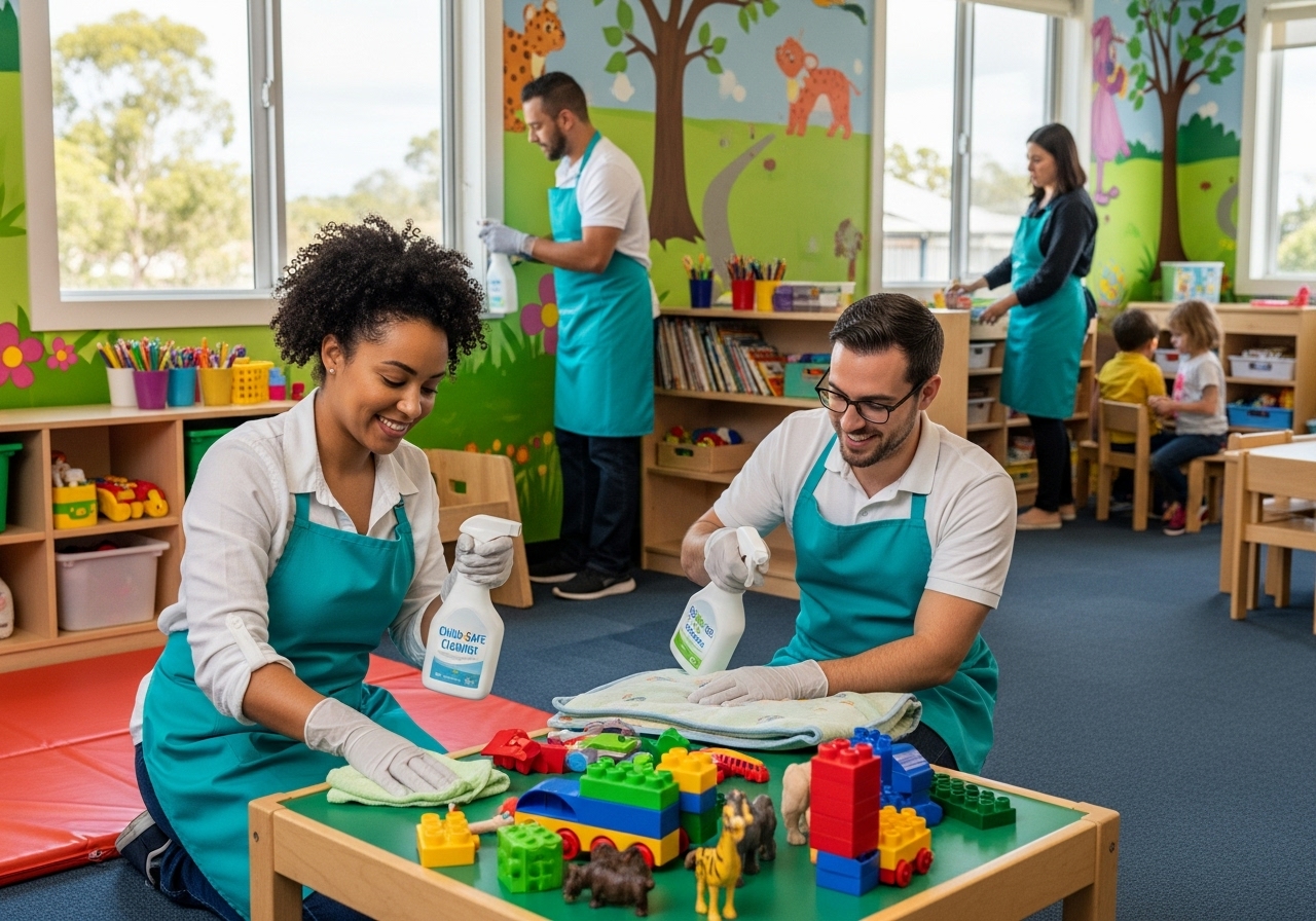 Childcare cleaning staff sanitising toys