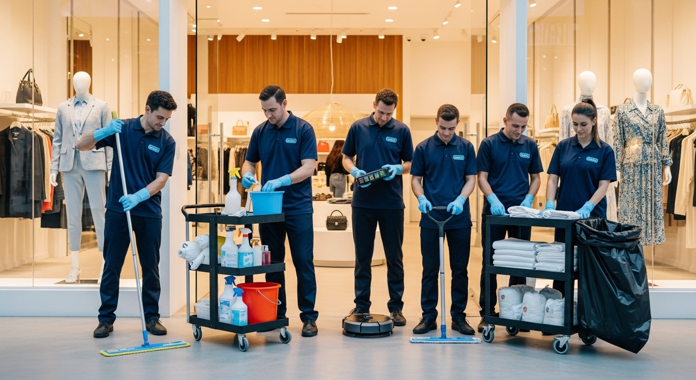 Professional cleaners preparing equipment in retail store