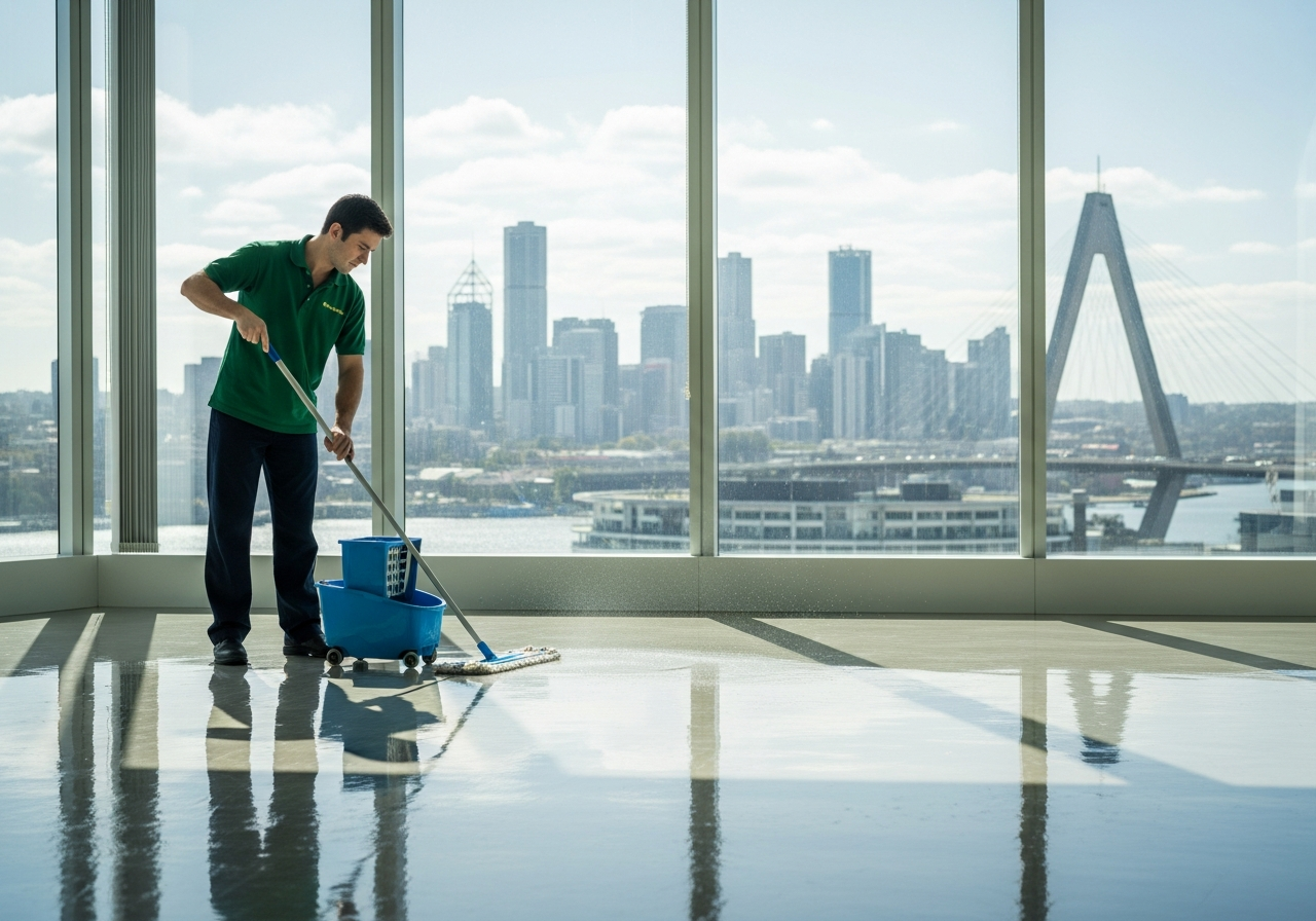 Cleaner mopping office floor with Pyrmont skyline