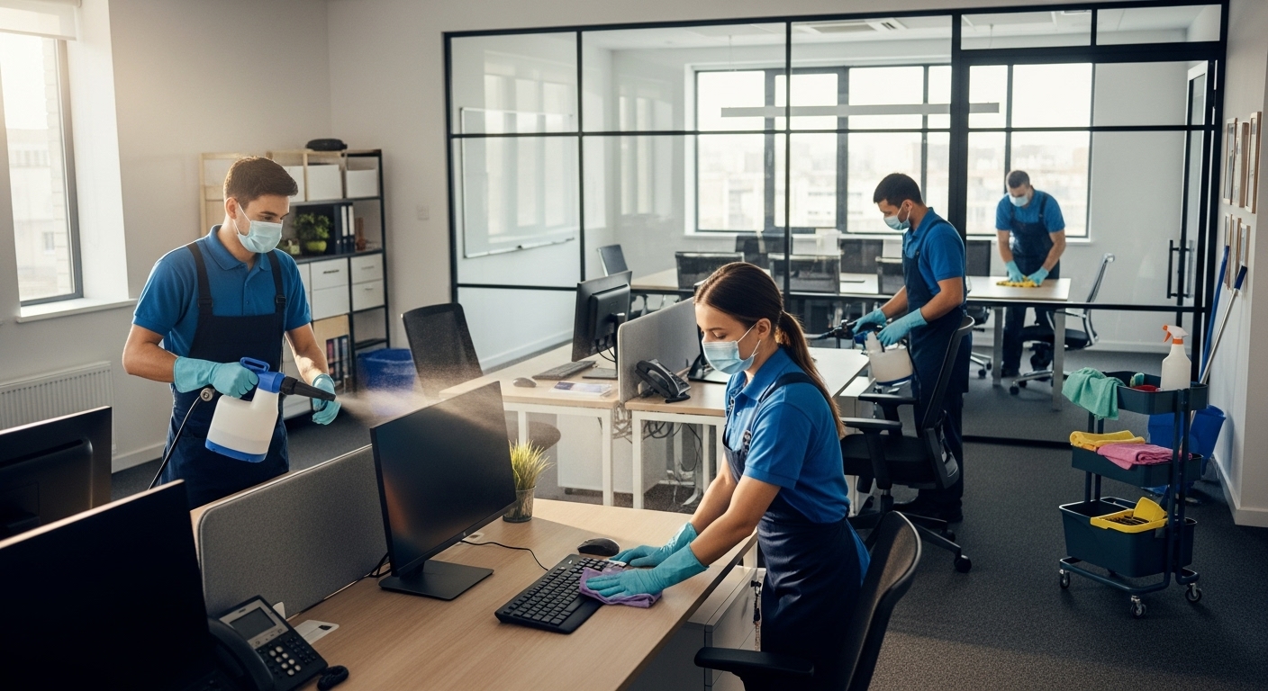 Office cleaning team sanitising workspaces