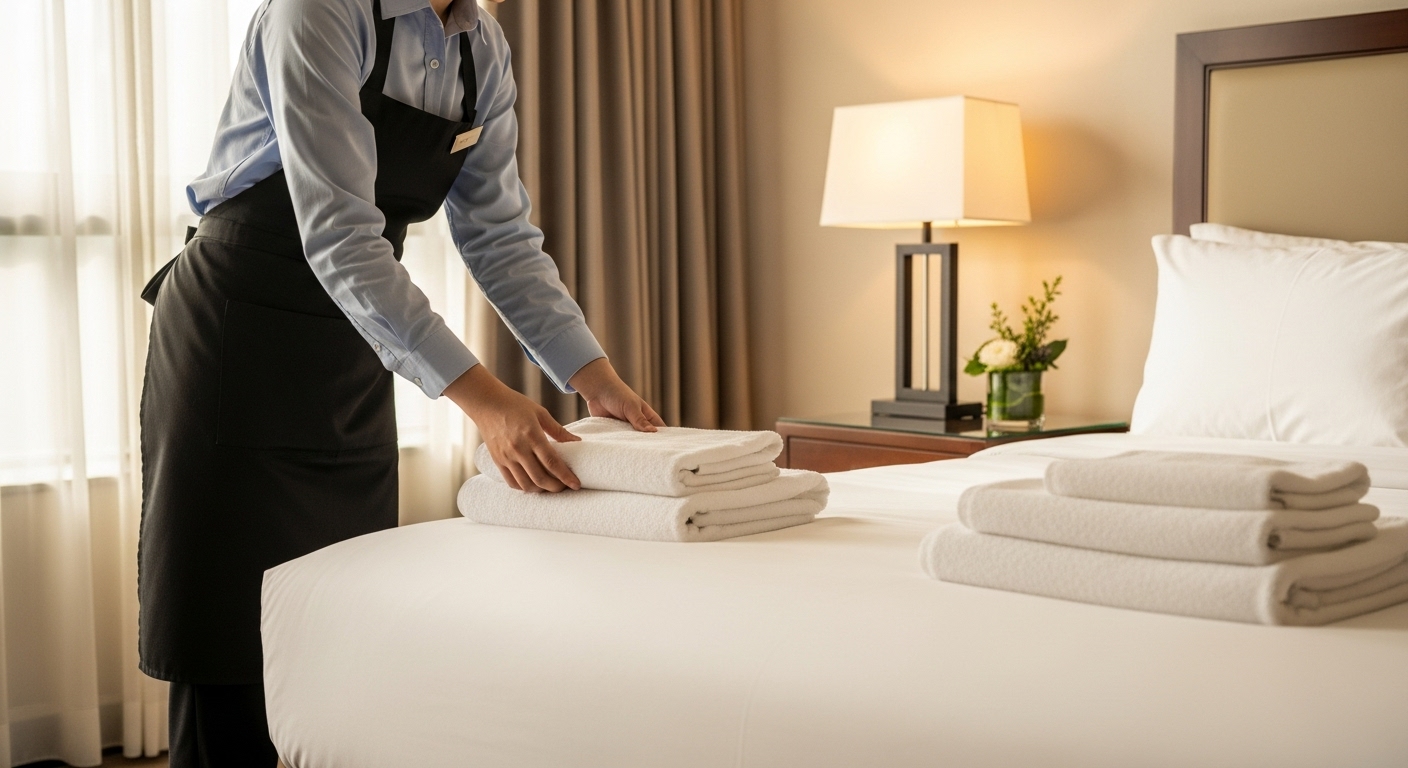 Hotel housekeeping staff placing fresh towels in a guest room