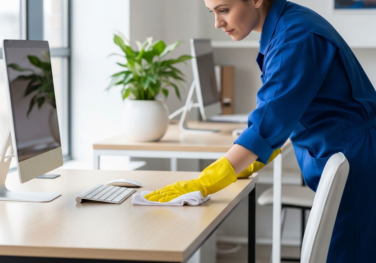 Cleaner wiping office desk