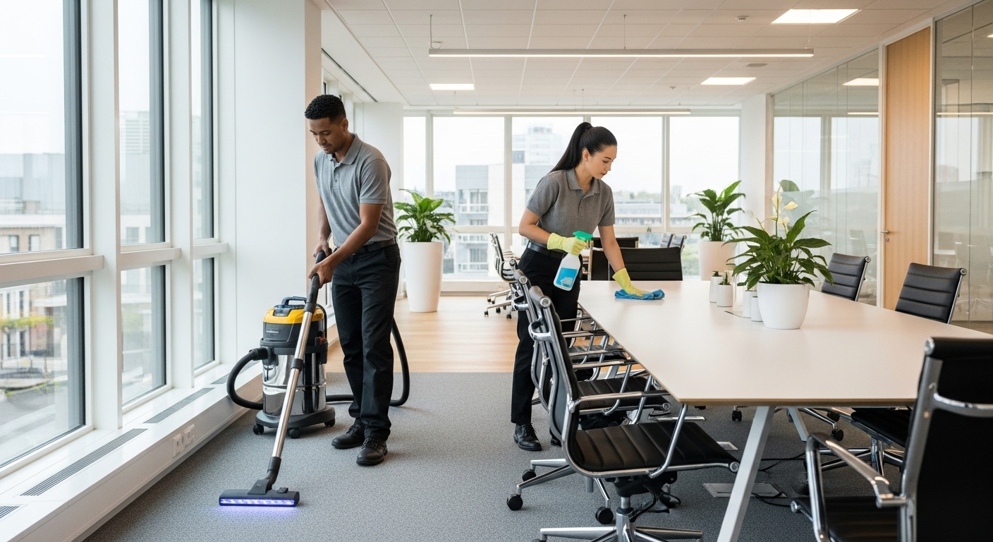 Commercial cleaners working in office