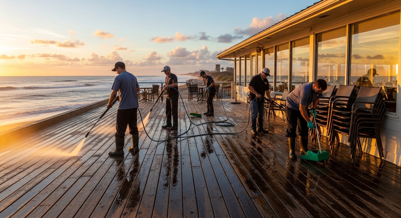 Coastal cleaners washing a beachfront deck