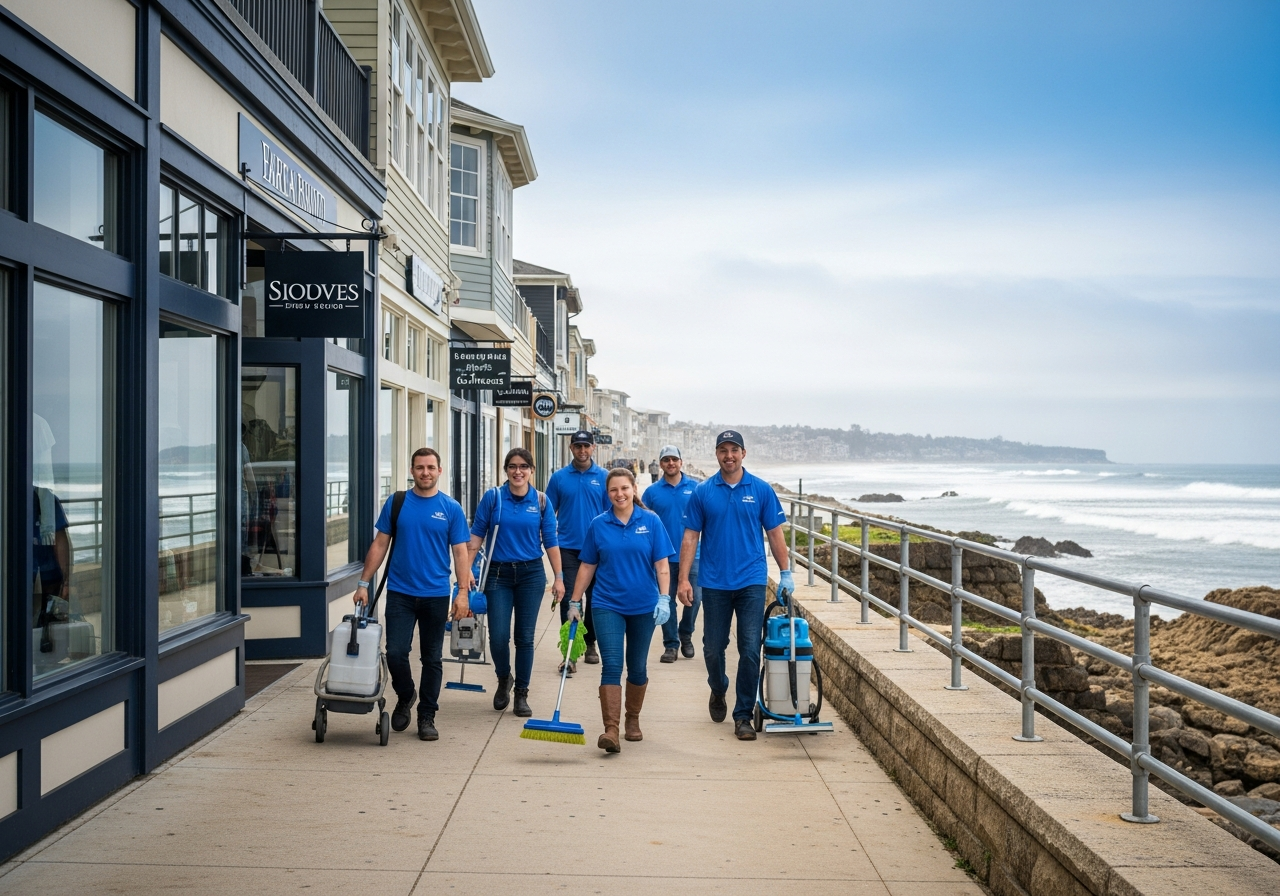 Cleaning team in seaside retail area