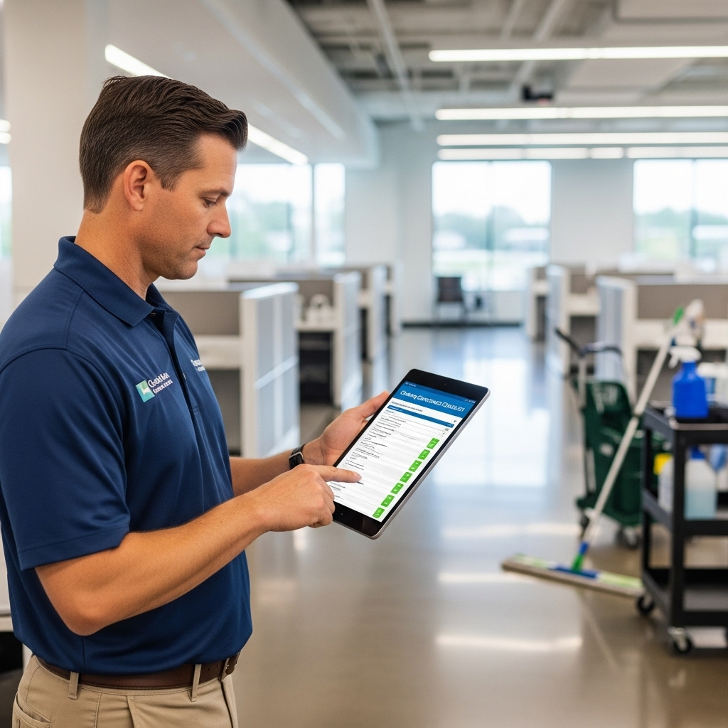 Supervisor reviewing cleaning checklist