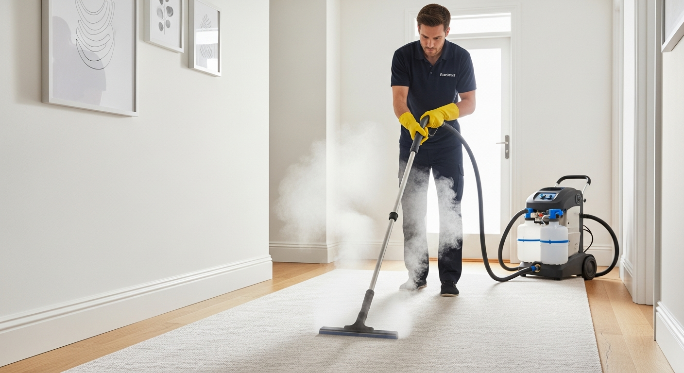 Professional cleaner steam cleaning carpet
