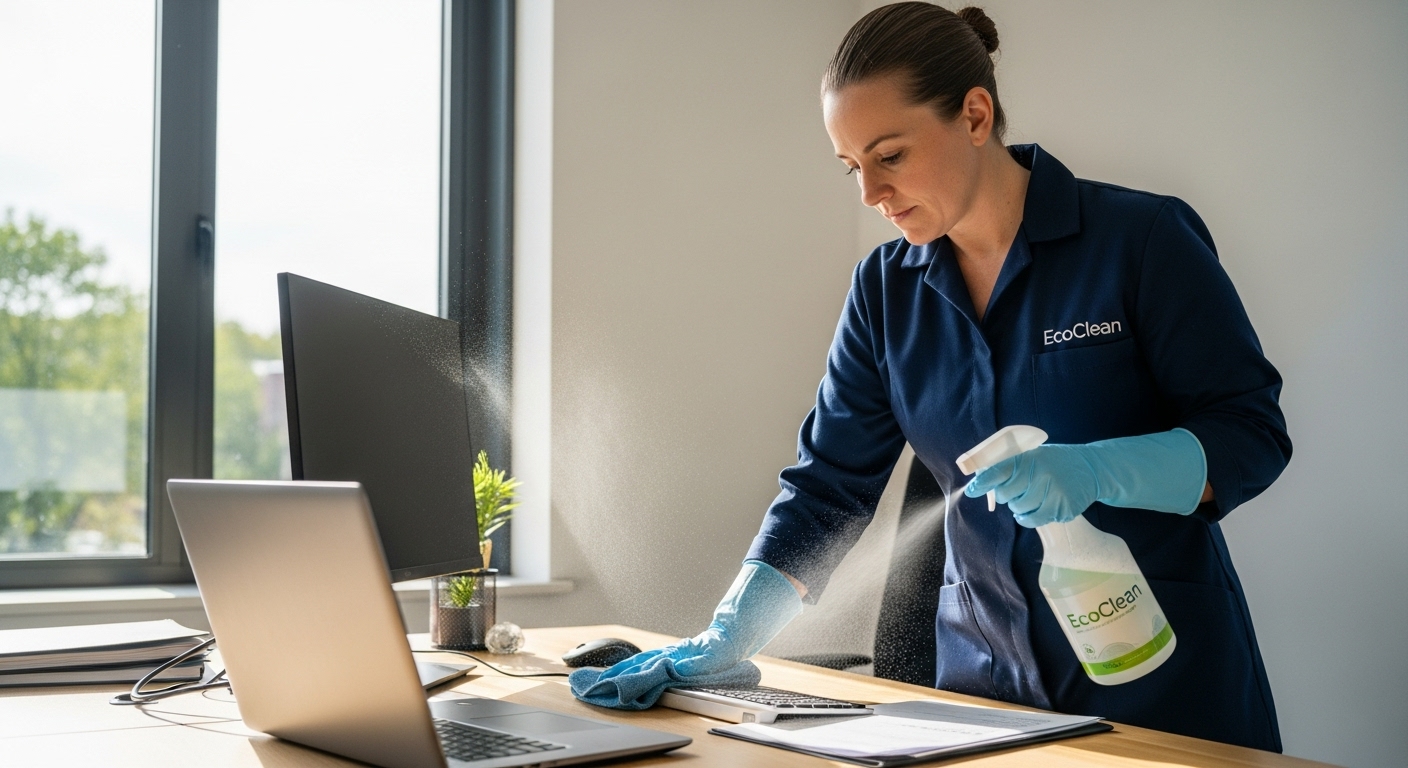 Cleaner sanitising an office desk