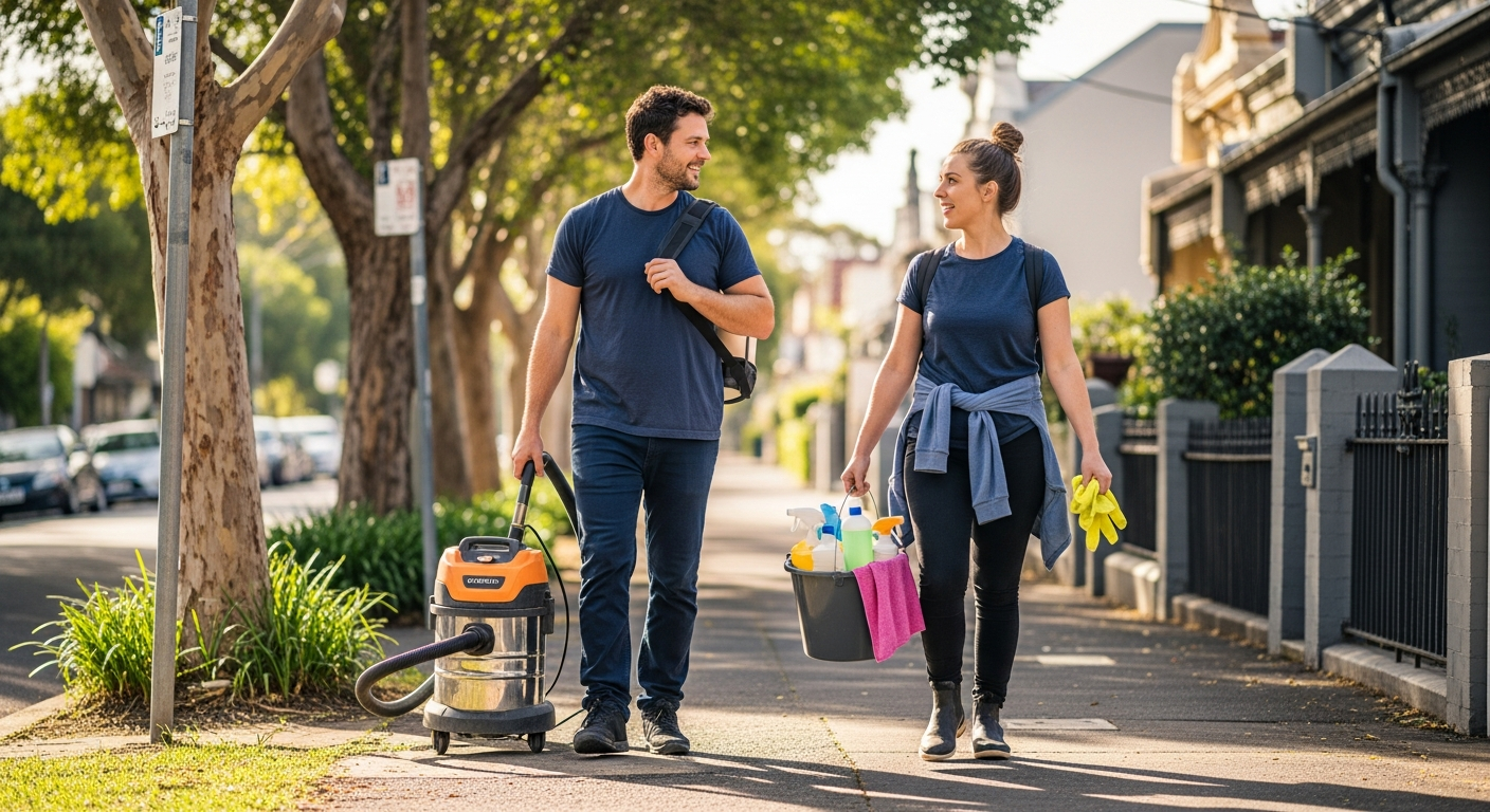 Cleaners arriving at property in Northcote