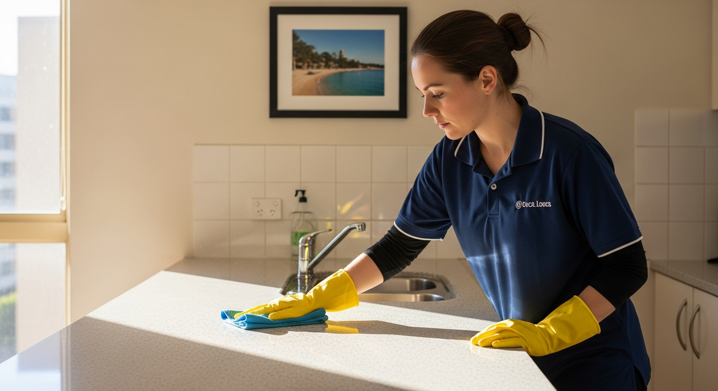 End of lease cleaner polishing kitchen bench