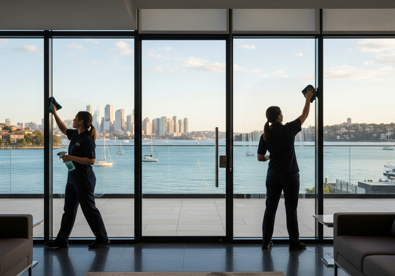 Cleaners polishing glass doors in Rushcutters Bay office lobby