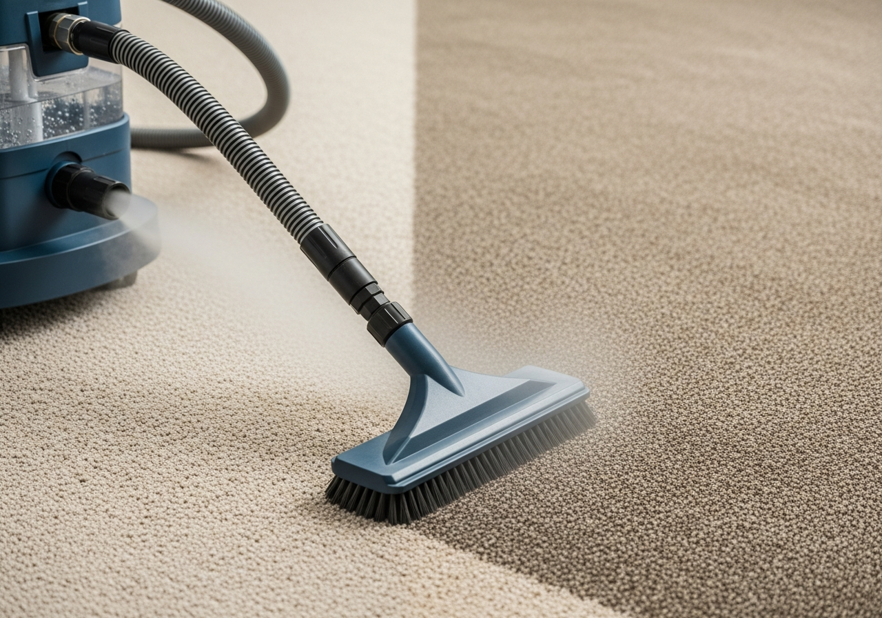 Steam cleaning carpet close up