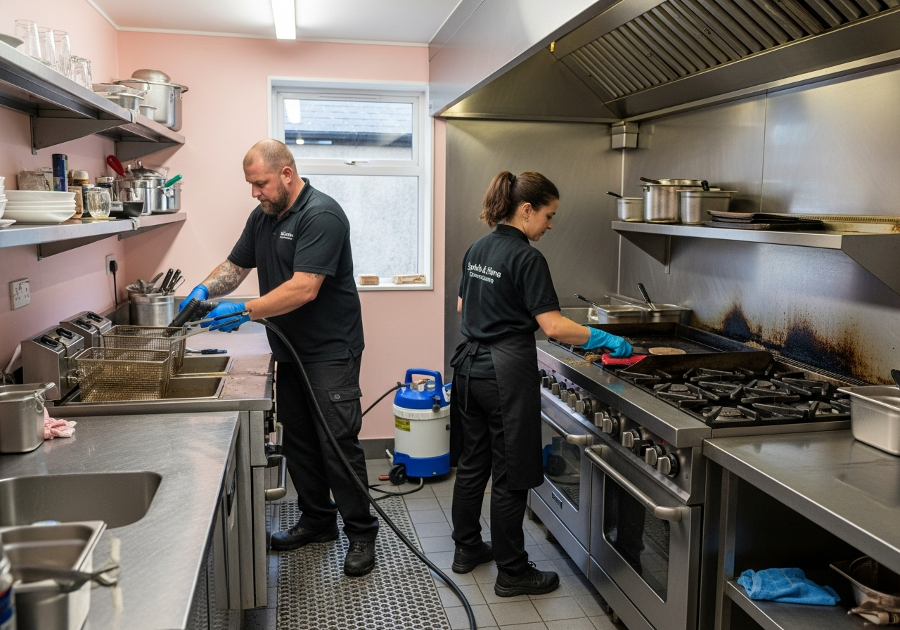 Commercial cleaners in cafe kitchen