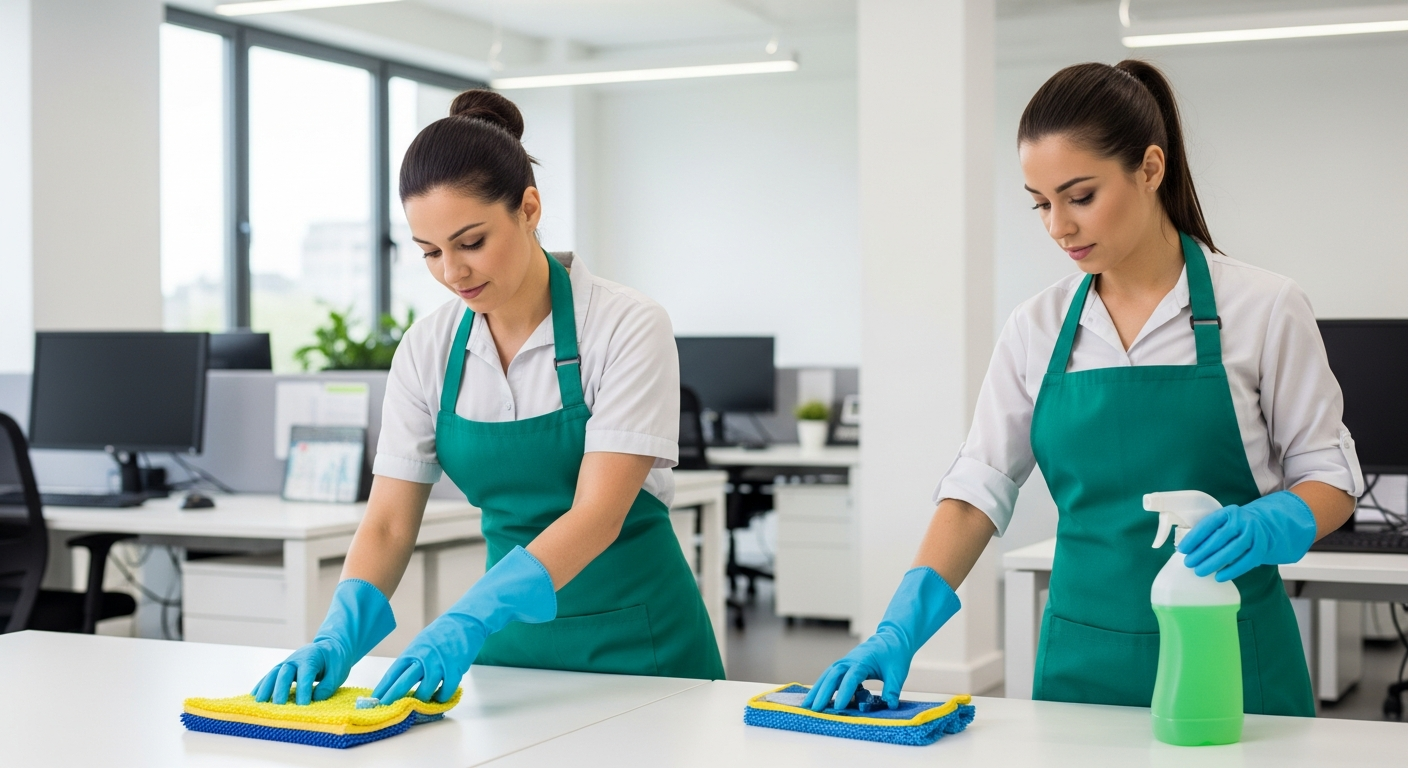 Professional commercial cleaning team in an office
