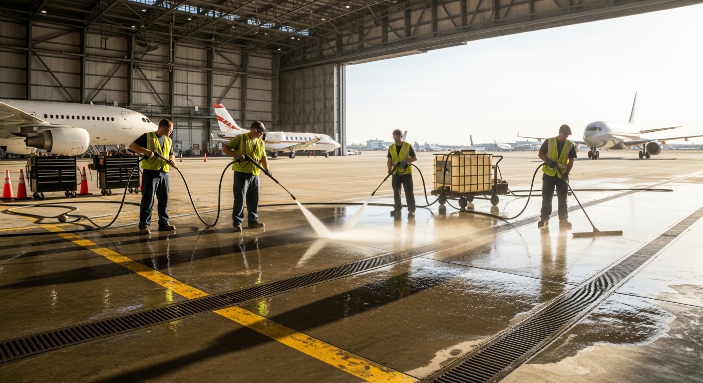 Hangar floor pressure wash
