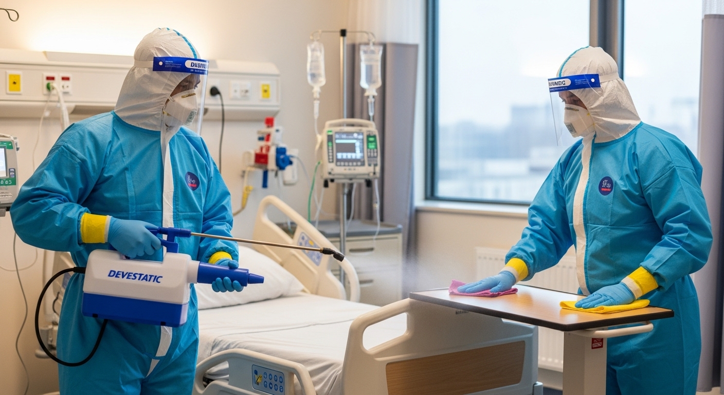 Hospital cleaning team disinfecting a room