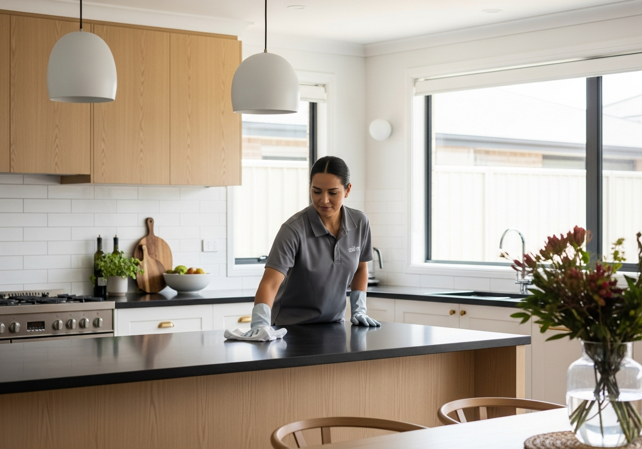 cleaner wiping kitchen benchtop
