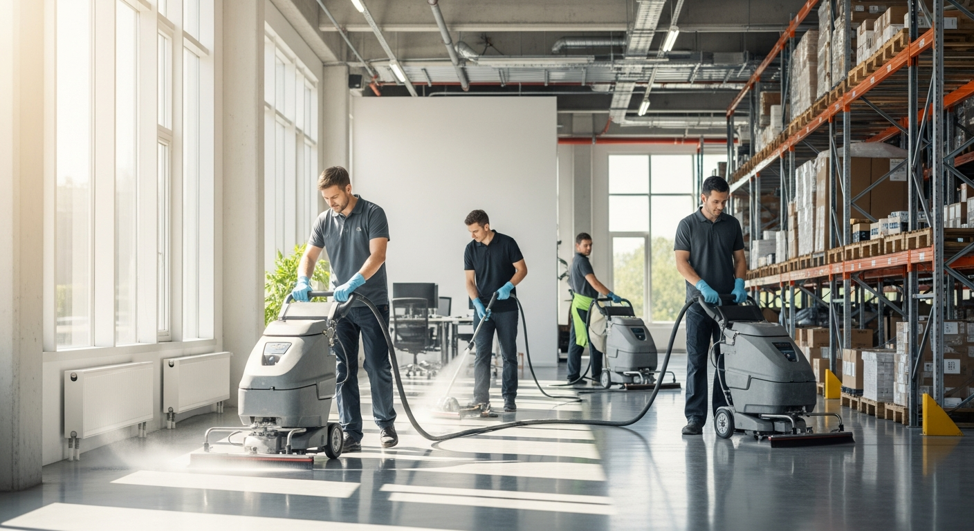 Commercial cleaners sanitising office and warehouse spaces