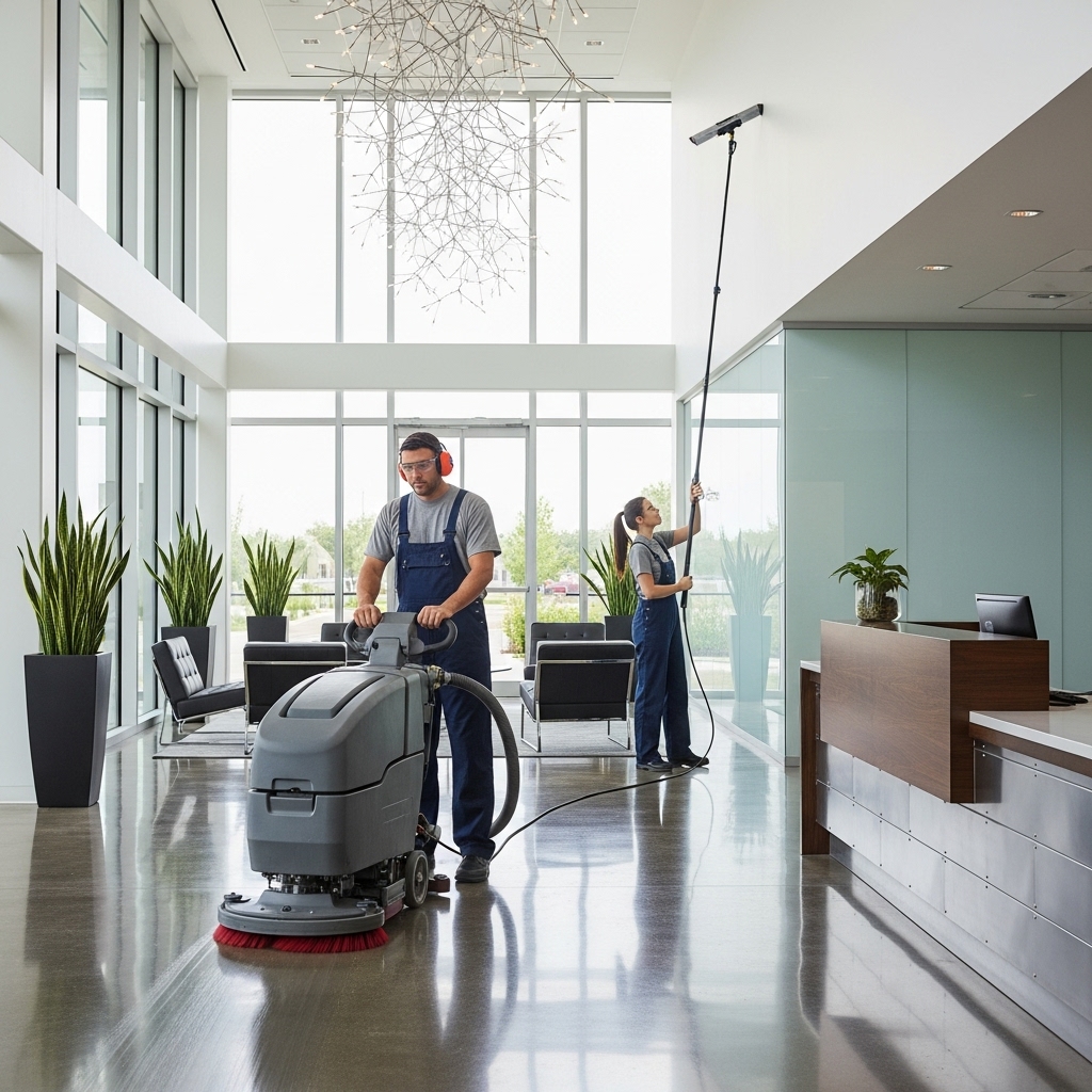 Professional commercial cleaners in office lobby