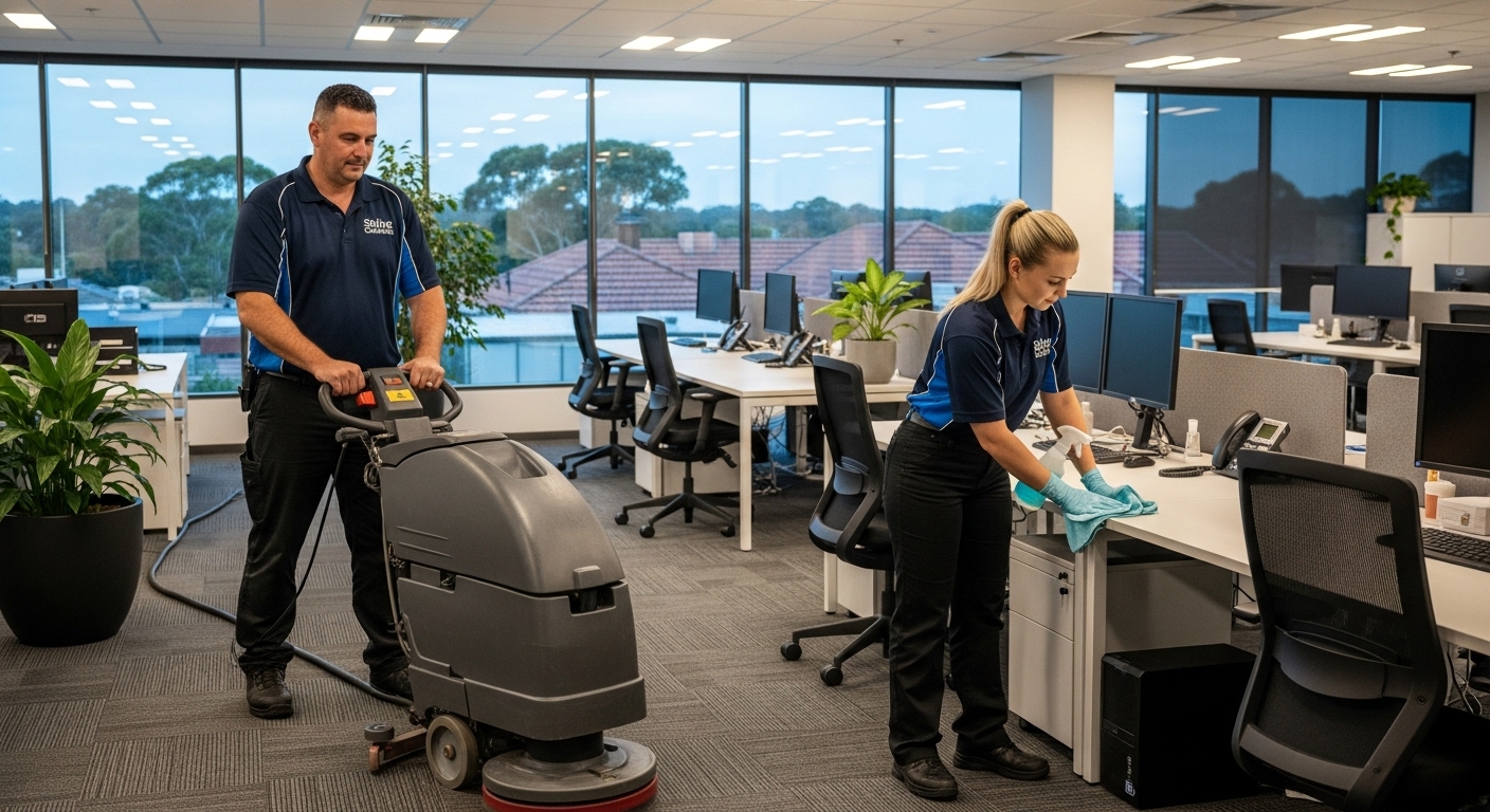Commercial cleaners working in an office