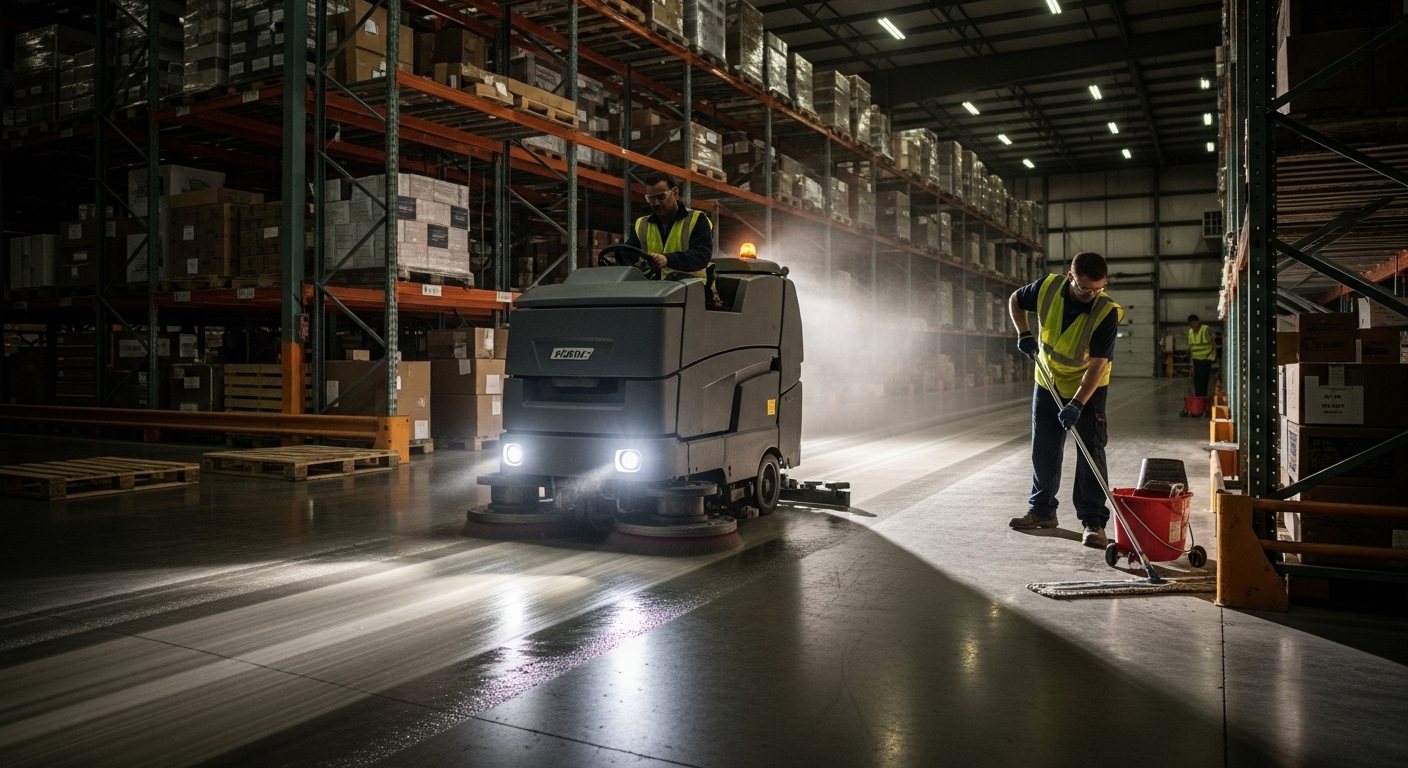 Floor scrubbing machine in warehouse at night