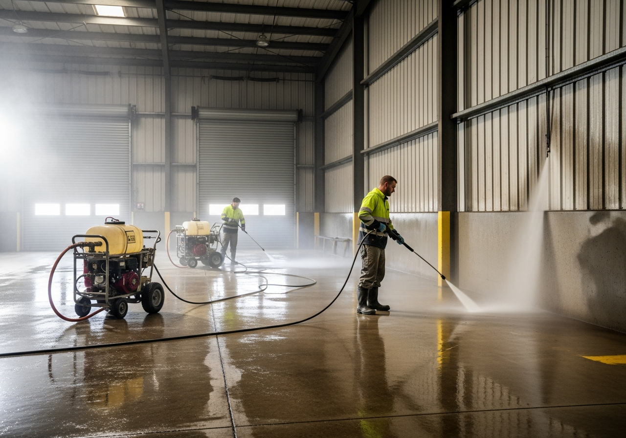 Warehouse cleaners in loading bay