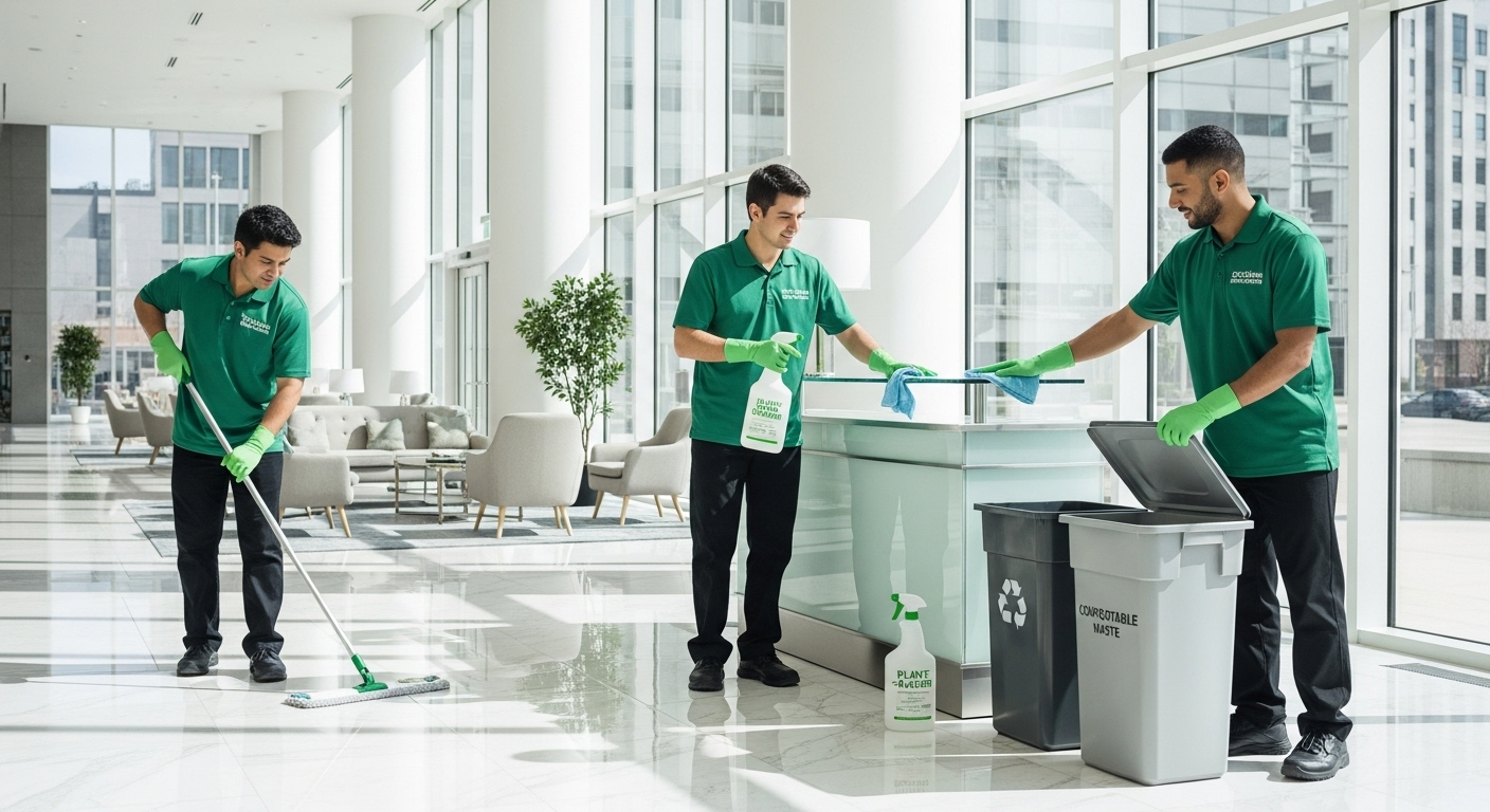 Green cleaning team in corporate lobby
