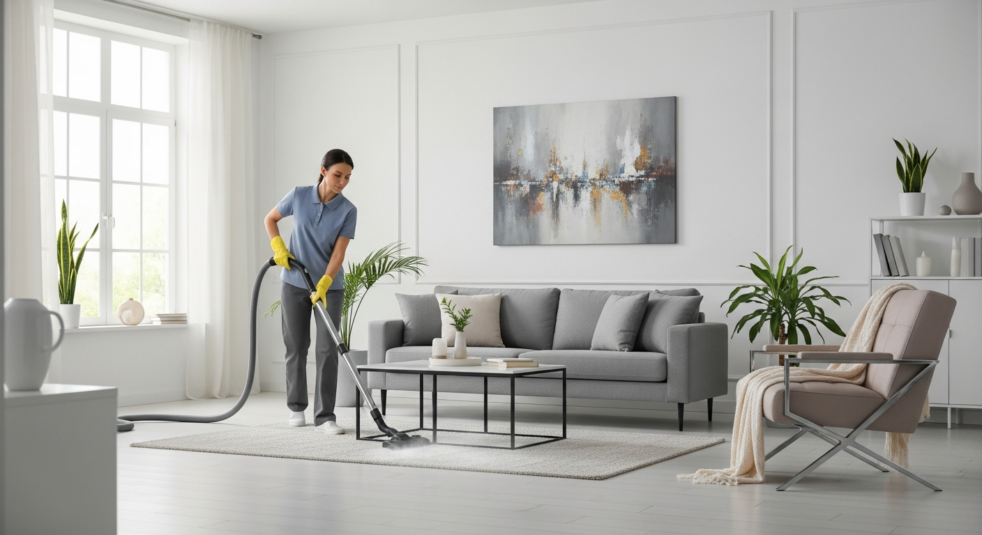 Cleaner vacuuming living room
